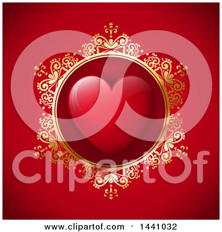 Clipart of a Love Heart in an Ornate Circular Frame on Red - Royalty Free Vector Illustration by KJ Pargeter