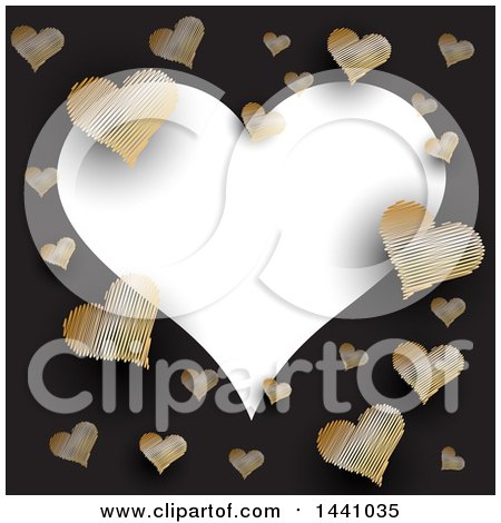 Clipart of a White Heart Text Space Frame with Golden Scribble Hearts on Black - Royalty Free Vector Illustration by KJ Pargeter