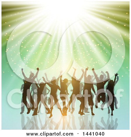 Clipart of a Group of Silhouetted People Dancing over Green, with Lights - Royalty Free Vector Illustration by KJ Pargeter