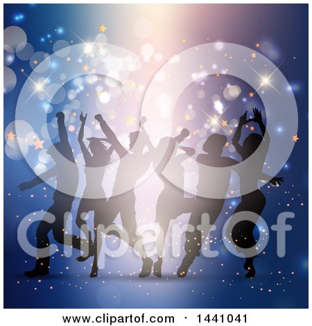 Clipart of a Group of Silhouetted People Dancing over Blue - Royalty Free Vector Illustration by KJ Pargeter