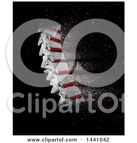 Clipart of a 3d Human Spine with Red Discs and Shattering Effect, on Black - Royalty Free Illustration by KJ Pargeter