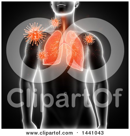 Clipart of a 3d Xray Man with Highlighted Red Lungs and Viruses, on Black - Royalty Free Illustration by KJ Pargeter