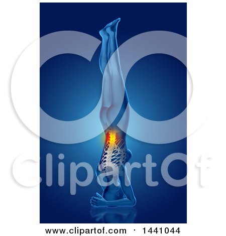 Clipart of a 3d Anatomical Woman in a Head Stand Yoga Pose, with Visible Skeleton and Glowing Spine, on Blue - Royalty Free Illustration by KJ Pargeter