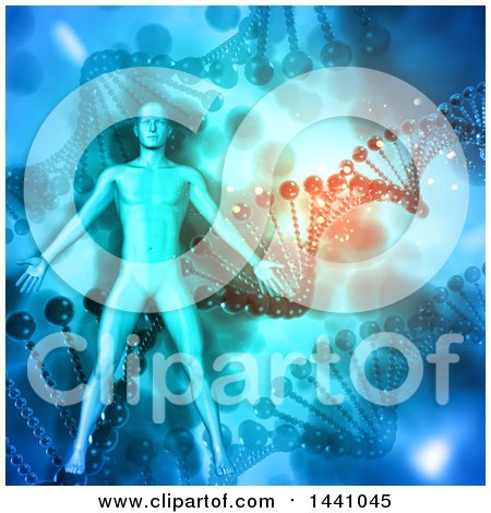 Clipart of a 3d Medical Anatomical Male over a DNA Strand Background - Royalty Free Illustration by KJ Pargeter