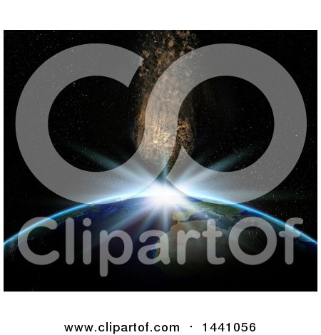 Clipart of a 3d Asteroid About to Hit Planet Earth - Royalty Free Illustration by KJ Pargeter