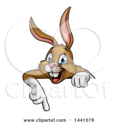Clipart of a Happy Brown Bunny Rabbit Pointing down over a Sign - Royalty Free Vector Illustration by AtStockIllustration