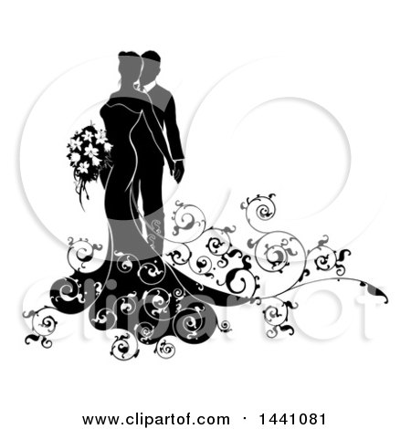 Clipart of a Black and White Silhouetted Posing Wedding Couple with Swirls - Royalty Free Vector Illustration by AtStockIllustration