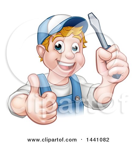 Clipart of a Cartoon Happy White Male Electrician Holding up a Screwdriver and a Thumb - Royalty Free Vector Illustration by AtStockIllustration