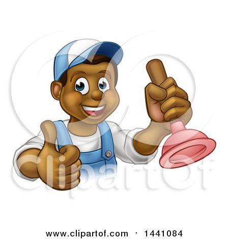 Clipart of a Cartoon Happy Black Male Plumber Holding a Plunger and Giving a Thumb up - Royalty Free Vector Illustration by AtStockIllustration