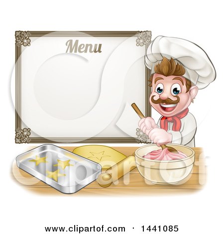 Clipart of a Cartoon Happy White Male Chef Baker Mixing Frosting and Making Cookies Under a Menu - Royalty Free Vector Illustration by AtStockIllustration