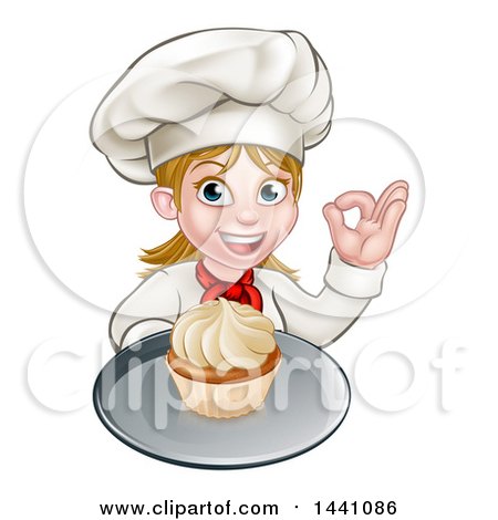 Clipart of a Cartoon Happy White Female Chef Baker Gesturing Ok and Holding a Cupcake on a Tray - Royalty Free Vector Illustration by AtStockIllustration