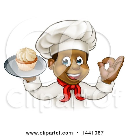 Clipart of a Cartoon Happy Black Male Chef Baker Gesturing Ok and Holding a Cupcake on a Tray - Royalty Free Vector Illustration by AtStockIllustration
