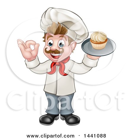 Clipart of a Cartoon Full Length Happy White Male Chef Baker Gesturing Ok and Holding a Cupcake on a Tray - Royalty Free Vector Illustration by AtStockIllustration
