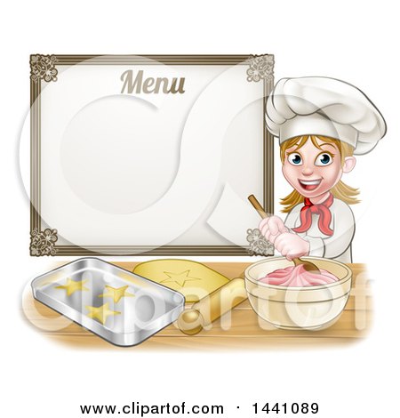 Clipart of a Cartoon Happy White Female Chef Baker Mixing Frosting and Making Cookies Under a Menu - Royalty Free Vector Illustration by AtStockIllustration