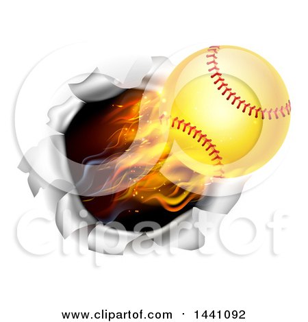Clipart of a 3d Flying and Blazing Softball with a Trail of Flames, Breaking Through a Wall - Royalty Free Vector Illustration by AtStockIllustration