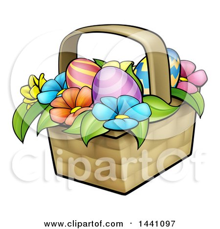 Clipart of a Basket of Easter Eggs and Colorful Flowers - Royalty Free Vector Illustration by AtStockIllustration