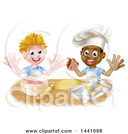 Clipart of Happy White and Black Boys Making Frosting and Cookies - Royalty Free Vector Illustration by AtStockIllustration