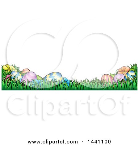 Clipart of a Banner of Easter Eggs and Flowers in Grass - Royalty Free Vector Illustration by AtStockIllustration