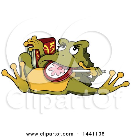 Clipart of a Cartoon Toad Eating a Lollipop and Holding a Book - Royalty Free Vector Illustration by dero