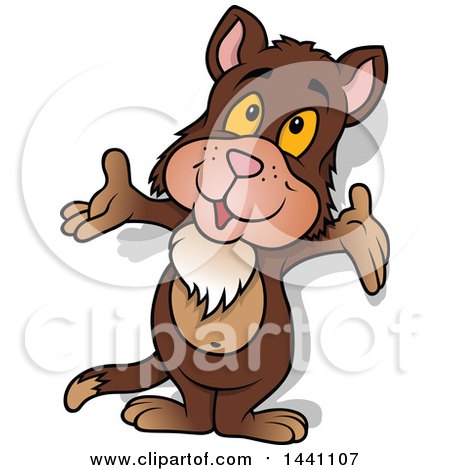 Clipart of a Cartoon Brown Cat Welcoming - Royalty Free Vector Illustration by dero
