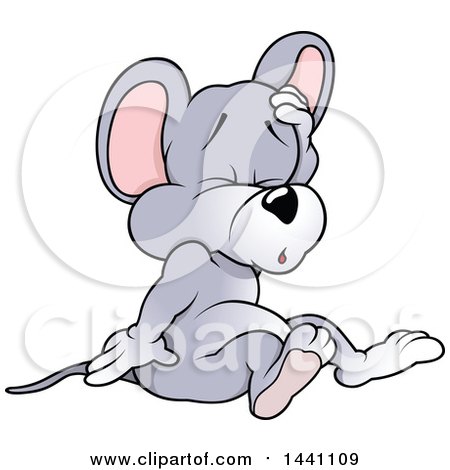 Clipart of a Cartoon Mouse Sitting and Holding His Forehead - Royalty Free Vector Illustration by dero