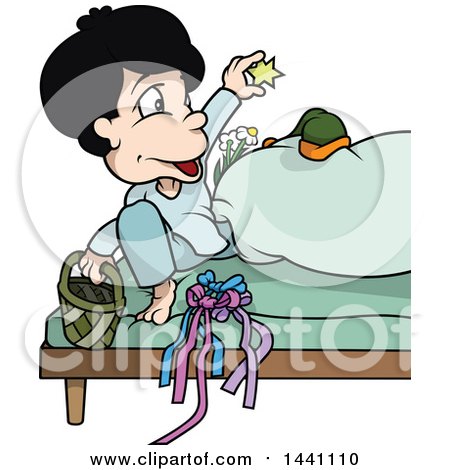Clipart of a Cartoon Boy in Bed with a Basket, Flowers and Star - Royalty Free Vector Illustration by dero
