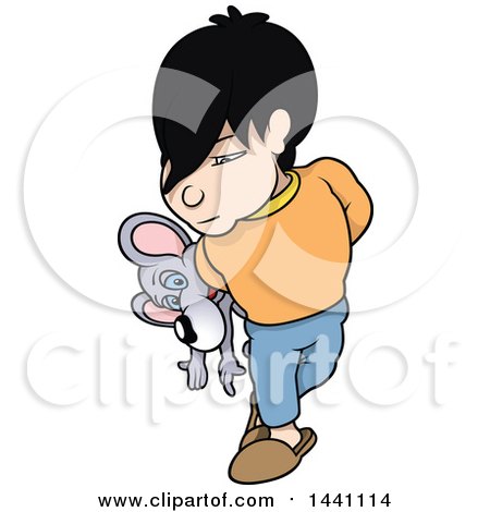 Clipart of a Cartoon Boy Walking and Carrying a Mouse Behind His Back - Royalty Free Vector Illustration by dero