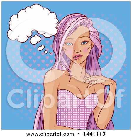 Clipart of a Pop Art Purple Haired Woman Thinking over Halftone Hearts - Royalty Free Vector Illustration by Pushkin