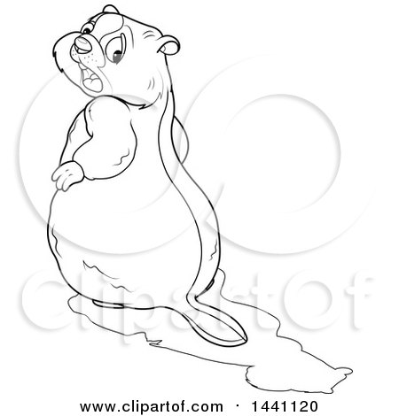 Clipart of a Cartoon Black and White Lineart Groundhog Looking Back in Horror at His Shadow - Royalty Free Vector Illustration by Pushkin