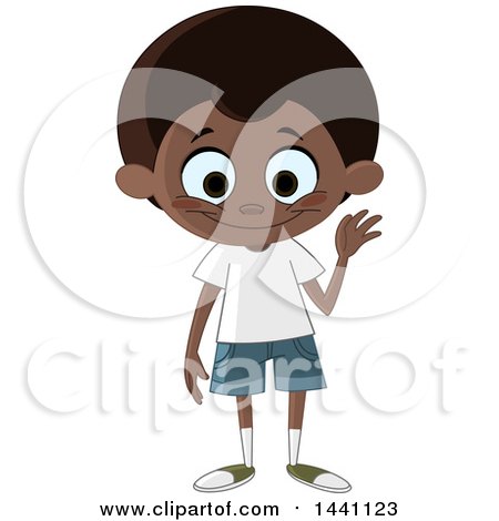 Clipart of a Cartoon Friendly Black Boy Waving - Royalty Free Vector Illustration by yayayoyo