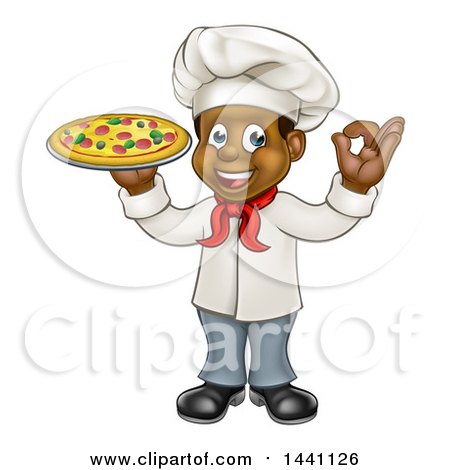 Clipart of a Cartoon Full Length Happy Black Male Chef Gesturing Ok and Holding a Pizza - Royalty Free Vector Illustration by AtStockIllustration