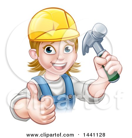 Clipart of a Cartoon Happy White Female Carpenter Holding up a Hammer and Giving a Thumb up - Royalty Free Vector Illustration by AtStockIllustration