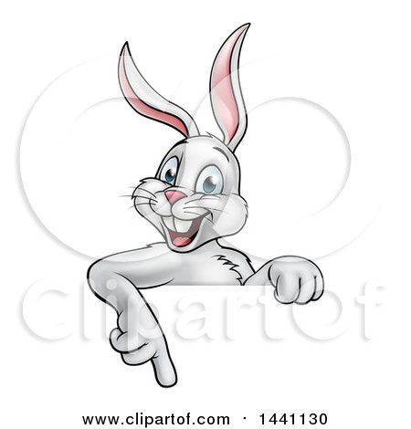 Clipart of a Happy White Easter Bunny Rabbit Pointing down over a Sign - Royalty Free Vector Illustration by AtStockIllustration