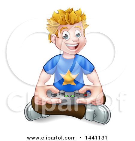 Clipart of a Cartoon Happy Blond White Gamer Guy Holding a Remote and Sitting on the Floor - Royalty Free Vector Illustration by AtStockIllustration