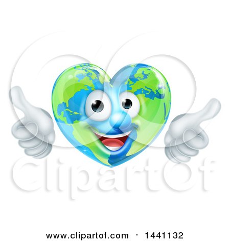 Clipart of a Happy Heart Shaped Earth Globe Character Giving Two Thumbs up - Royalty Free Vector Illustration by AtStockIllustration