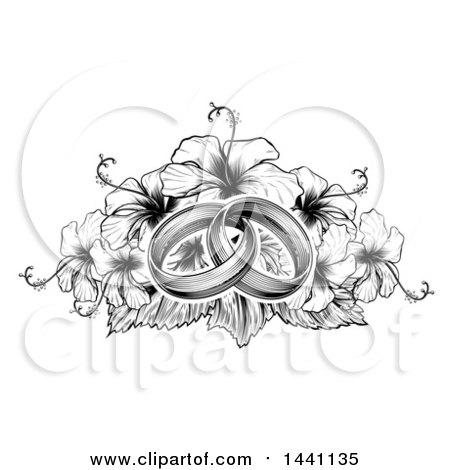 Clipart of a Black and Winte Vintage Woodcut or Engraved Entwined Wedding Rings on a Hibiscus Flower Bouquet - Royalty Free Vector Illustration by AtStockIllustration