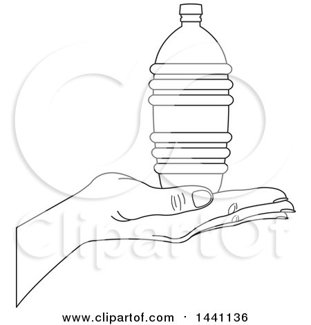 Clipart of a Black and White Lineart Hand Holding Bottled Water - Royalty Free Vector Illustration by Lal Perera