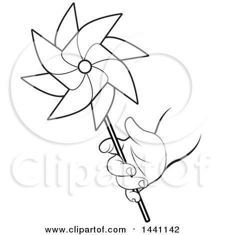 Clipart of a Black and White Lineart Child's Hand Holding a Spinning Pinwheel - Royalty Free Vector Illustration by Lal Perera