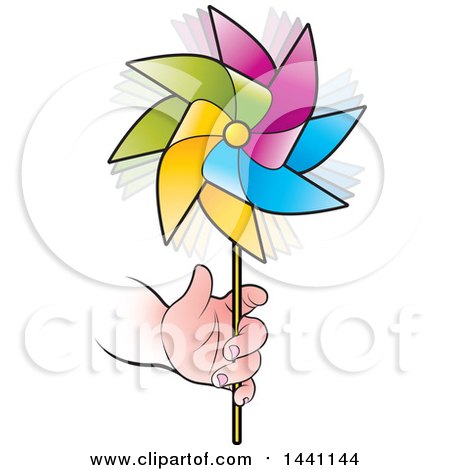 Clipart of a Child's Hand Holding a Colorful Spinning Pinwheel - Royalty Free Vector Illustration by Lal Perera