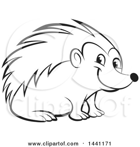 Clipart of a Black and White Lineart Happy Hedgehog - Royalty Free Vector Illustration by Lal Perera