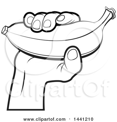 Clipart of a Black and White Hand Holding a Banana - Royalty Free Vector Illustration by Lal Perera