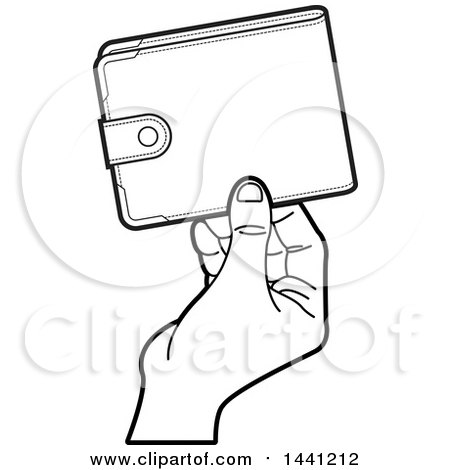 Clipart of a Black and White Hand Holding a Wallet - Royalty Free Vector Illustration by Lal Perera