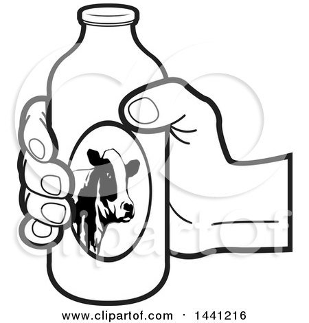 Clipart of a Black and White Hand Holding a Milk Bottle - Royalty Free Vector Illustration by Lal Perera