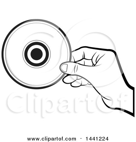 Clipart of a Black and White Hand Holding a Cd or Dvd - Royalty Free Vector Illustration by Lal Perera