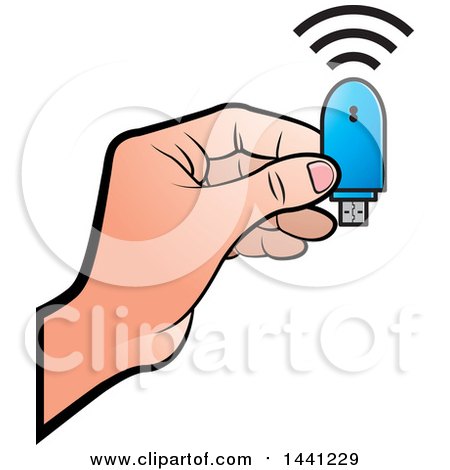 Clipart of a Hand Holding a Computer Wireless Usb Modem - Royalty Free Vector Illustration by Lal Perera