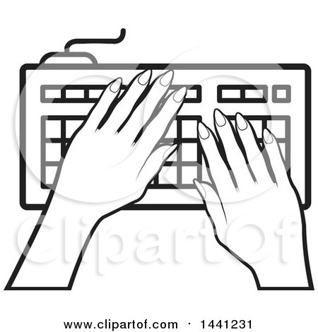 Clipart of a Black and White Hands Typing on a Computer Keyboard Icon - Royalty Free Vector Illustration by Lal Perera