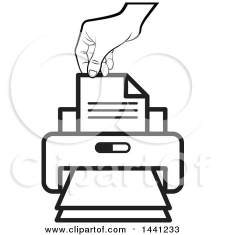Clipart of a Black and White Hand and Desktop Printer - Royalty Free Vector Illustration by Lal Perera