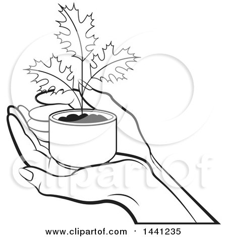 Clipart of a Black and White Hand Holding a Seedling Maple Plant - Royalty Free Vector Illustration by Lal Perera