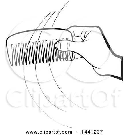 Clipart of a Black and White Hand Holding a Comb with Strands of Hair - Royalty Free Vector Illustration by Lal Perera