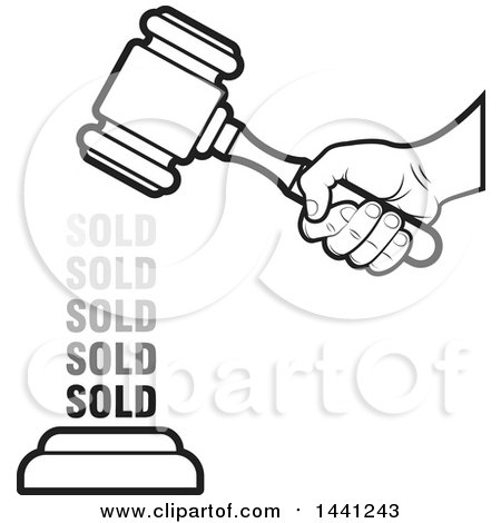 Clipart of a Black and White Hand Banging an Auction Gavel with Repeated Grayscale Sold Text - Royalty Free Vector Illustration by Lal Perera